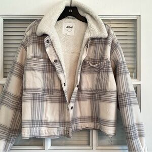 aerie Cream & Gray Plaid Sherpa-Lined Jacket